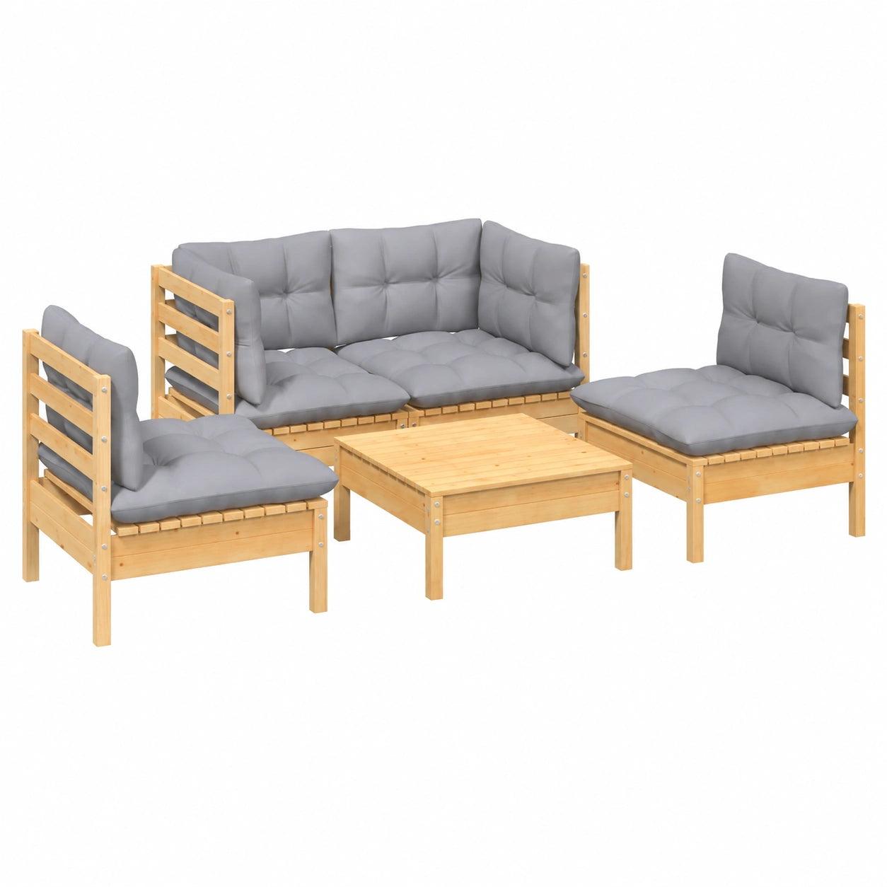 Garten-Lounge-Set aus Kiefernholz mit grauen Kissen, Raumwunder für Balkon und Terrasse