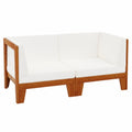 Outdoor-Zweisitzer-Sofa aus Akazienholz mit cremeweißen Kissen, wetterfest und langlebig für Garten und Balkon