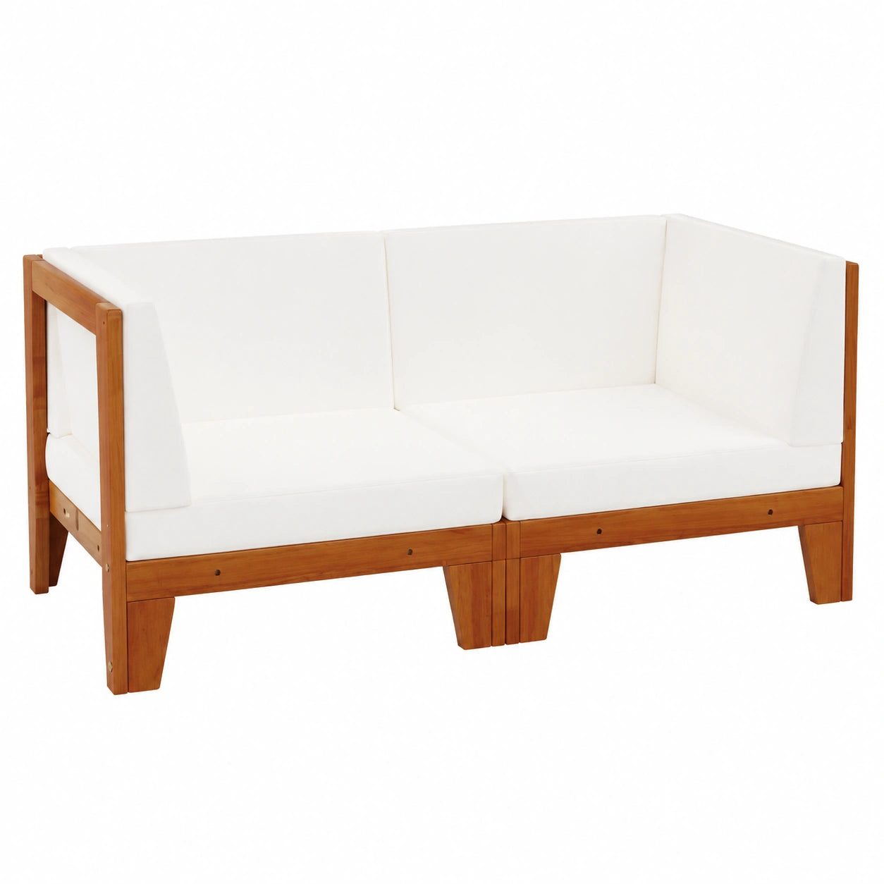 Outdoor-Zweisitzer-Sofa aus Akazienholz mit cremeweißen Kissen, wetterfest und langlebig für Garten und Balkon