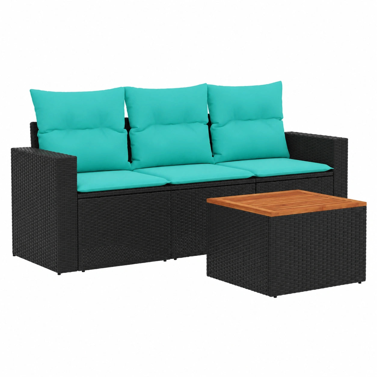 4-teilige Gartenmöbel-Set aus schwarzem Polyrattan inkl. Akazienholz-Tisch, modularem Sofa und Stauraum, wasserabweisend für Balkon und Terrasse
