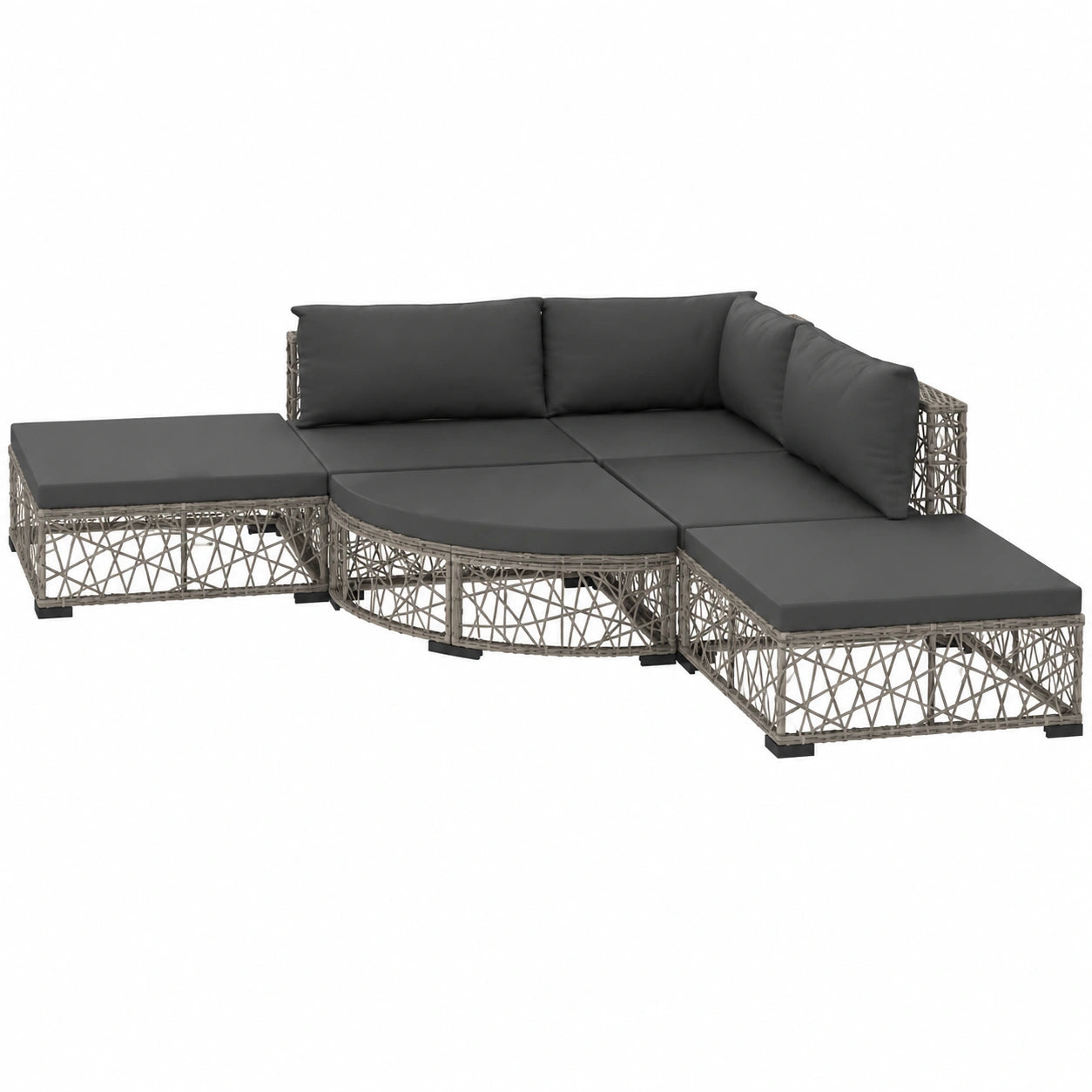 6-teiliges Garten-Lounge-Set aus Polyrattan, graues Modulares Sofa mit Eck- und Mittelsofas, Hocker und 6 cm Sitzkissen für Terrasse