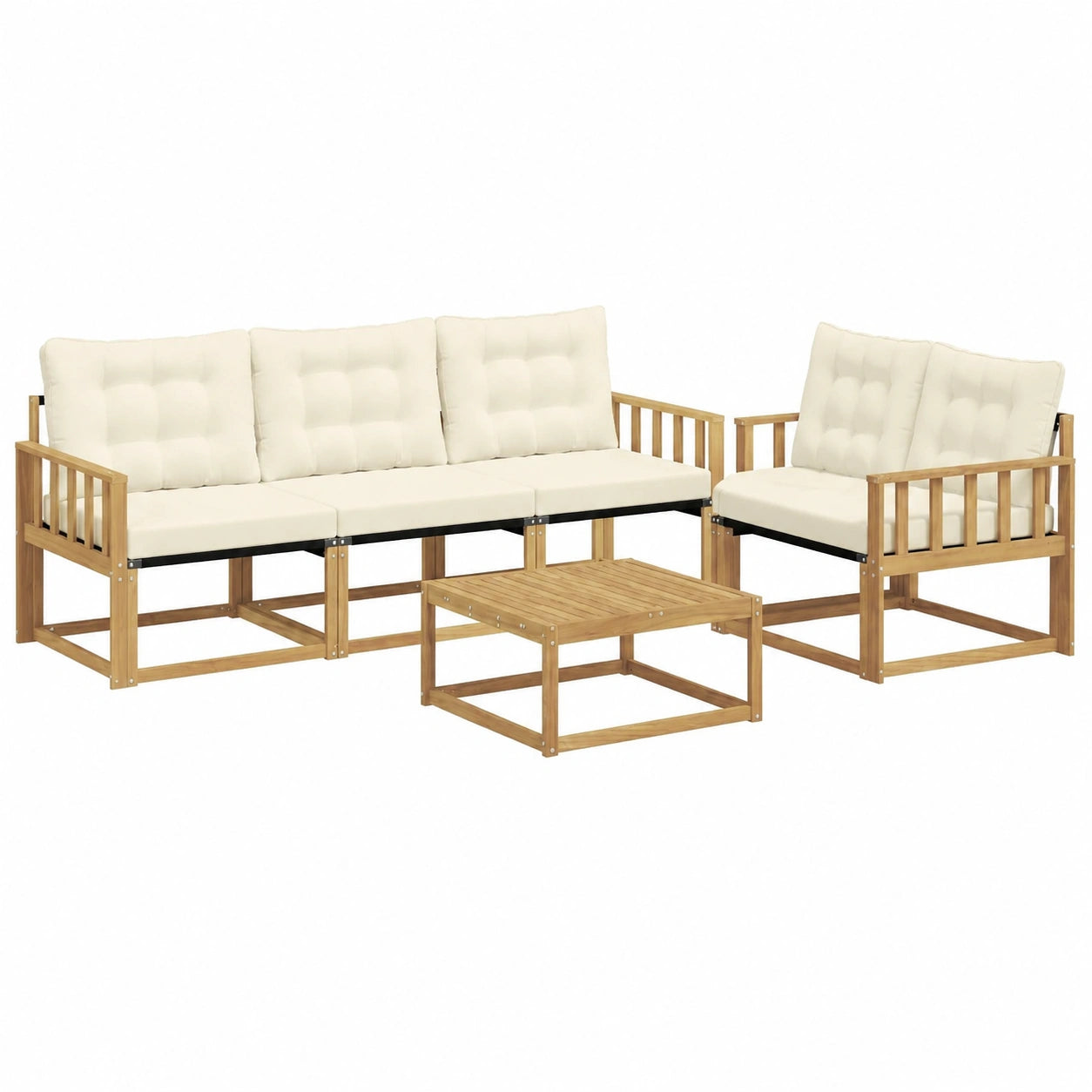 5-teiliges Akazienholz Gartenlounge-Set mit Tisch, Modulares Outdoor-Sofa, Terrassenmöbel in Weiß-Creme