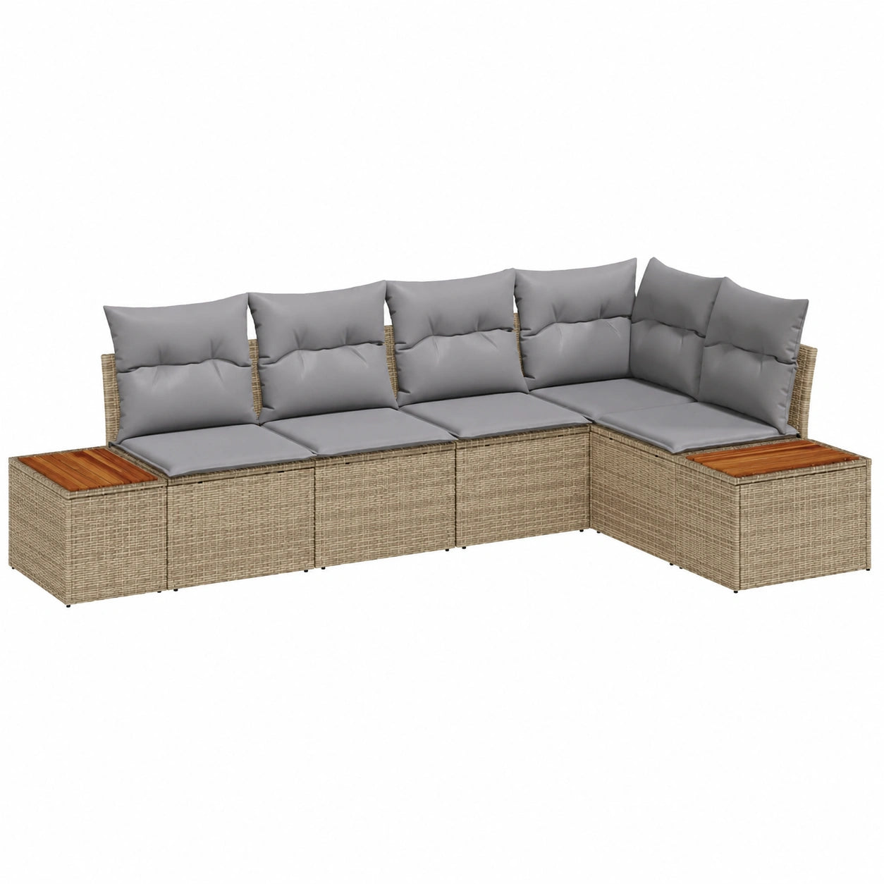 Moderner 5-teiliges Garten-Lounge-Set aus Poly-Rattan und Akazienholz, Beige/Hellgrau, mit Kissen