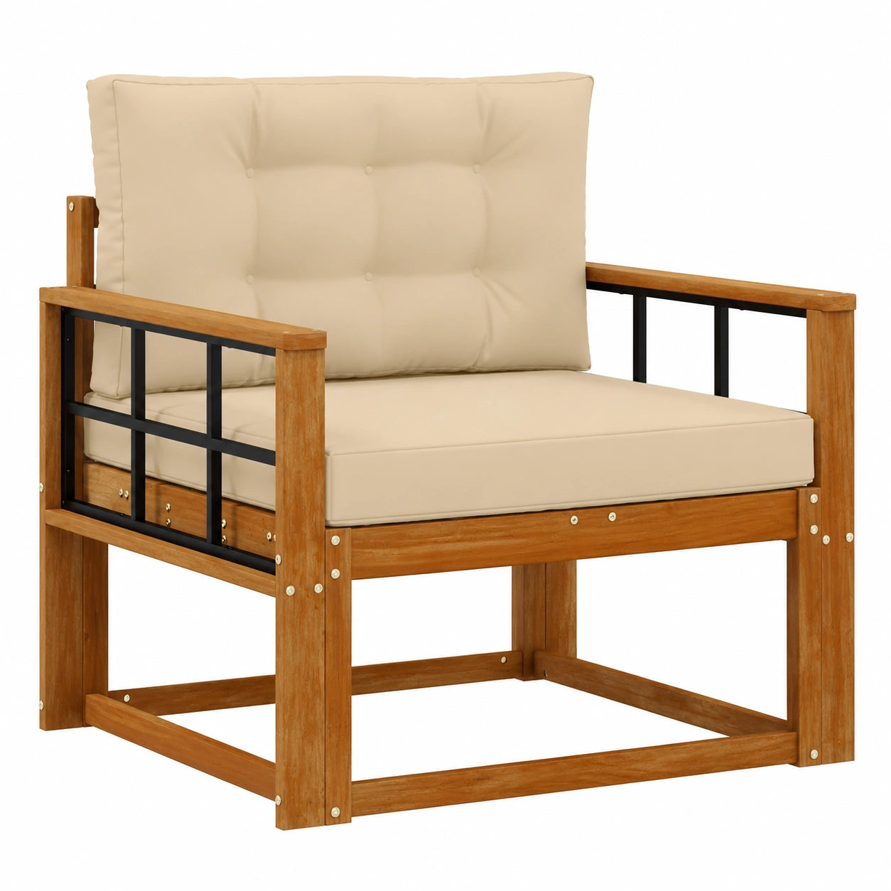 Modulares Gartensofa Mittelstück aus Akazienholz mit Kissen, Balkon- und Terrassenlounge, Naturbraun, 79x83x73 cm