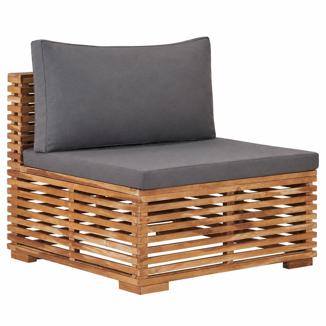 Robustes Teakholz-Mittelsofa mit grauer Auflage, 69,5x69,5 cm, platzsparendes Modulsofa für Balkon und Terrasse