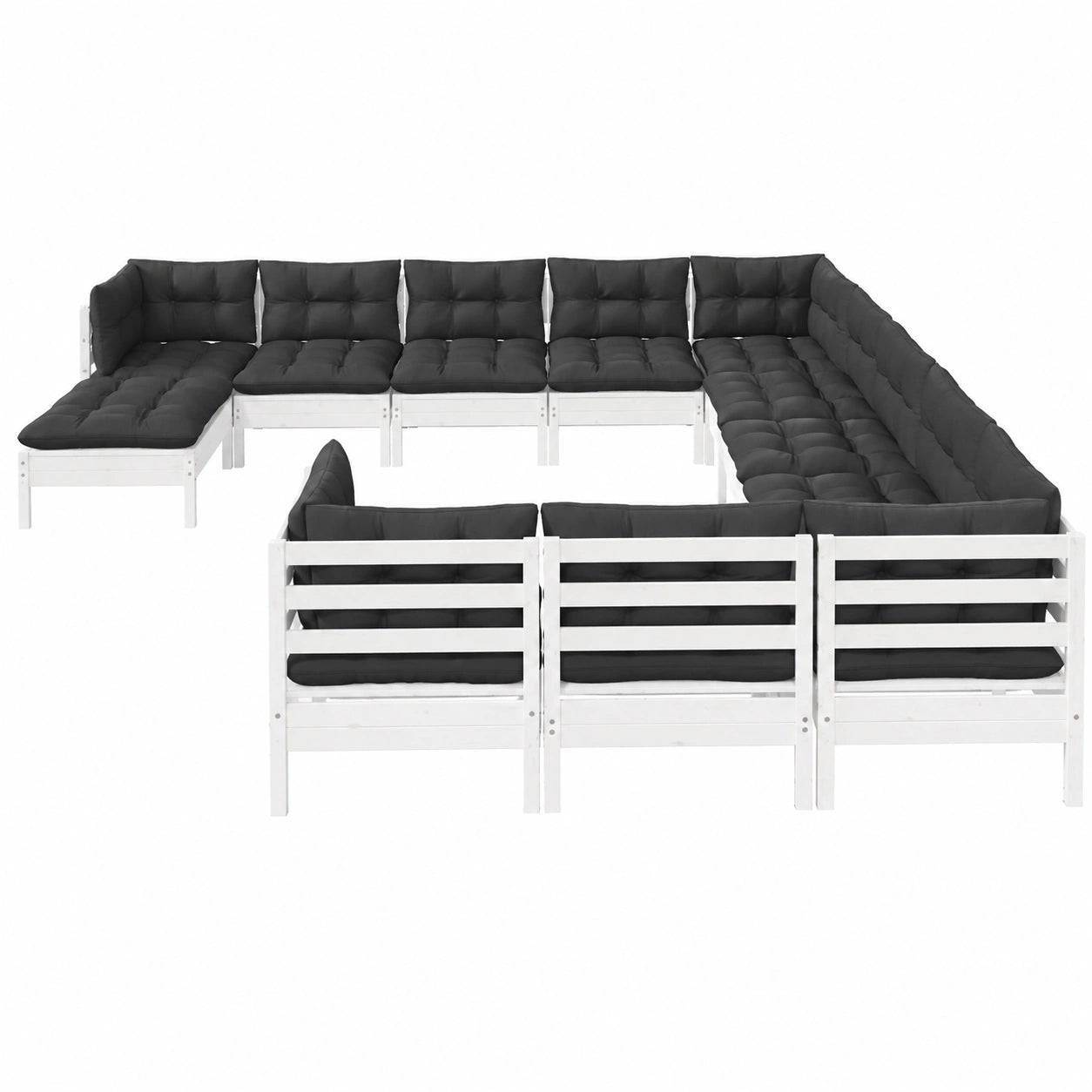 Modulares 12-teiliges Garten-Lounge-Set aus weißem Kiefernholz mit anthrazitfarbenen Kissen, langlebige Terrassen- und Balkonausstattung