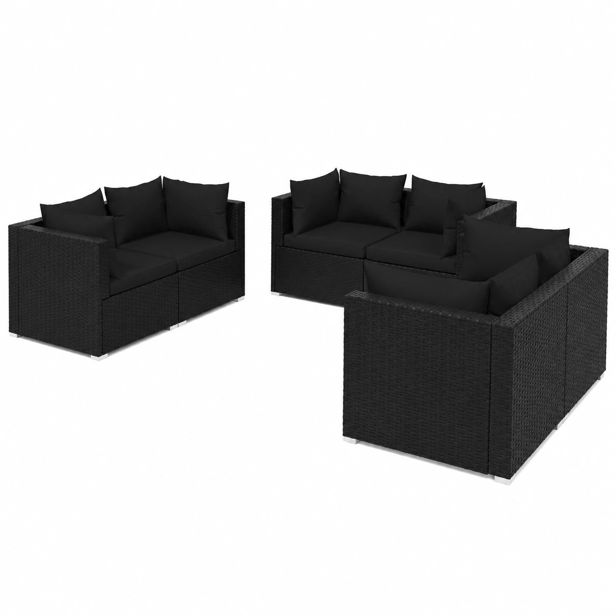Rattan Lounge Set 6-teilig wetterfest Schwarz, Modular-Sofa mit dicken Kissen für Garten & Terrasse